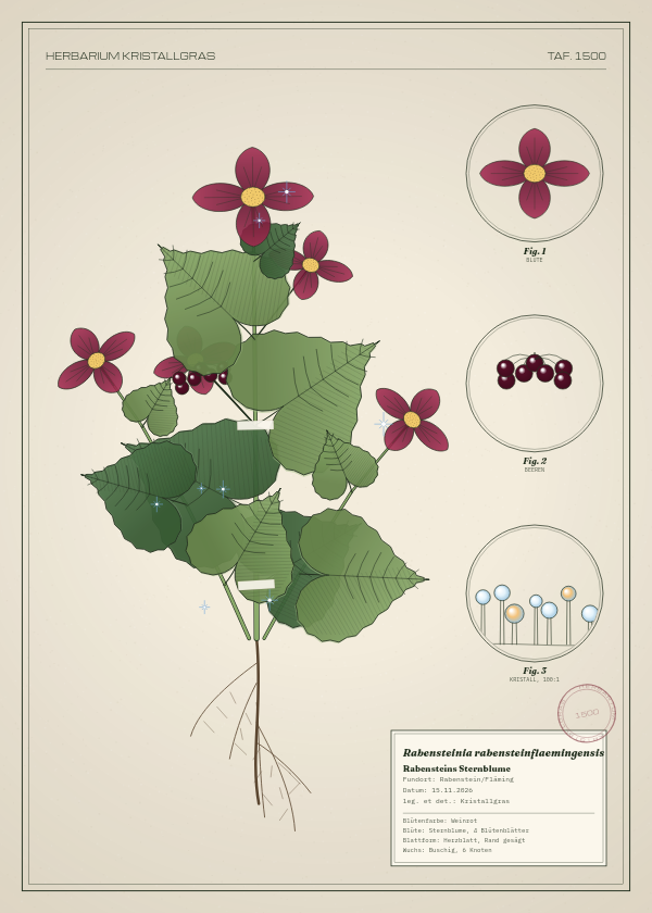 Botanische Tafel: Rabensteinia rabensteinflaemingensis, eine erfundene Pflanze aus Rabenstein/Fläming, gezeichnet wie in einem alten Pflanzenatlas