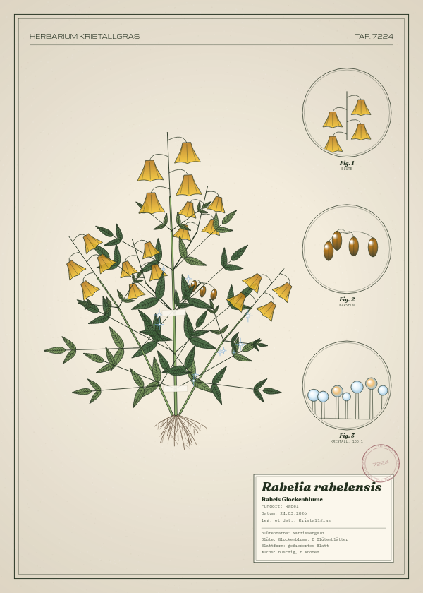 Botanische Tafel: Rabelia rabelensis, eine erfundene Pflanze aus Rabel, gezeichnet wie in einem alten Pflanzenatlas