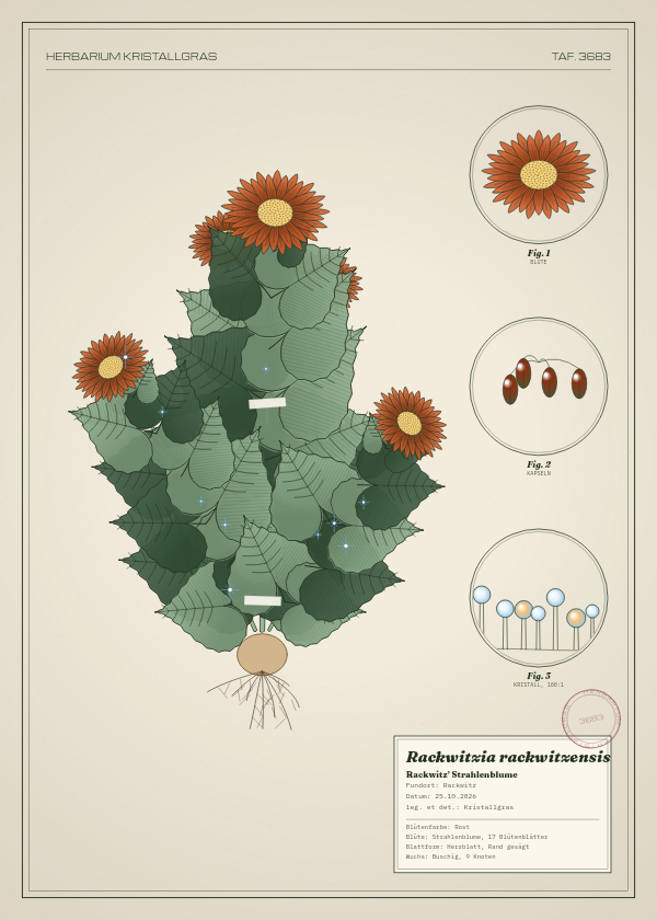 Botanische Tafel: Rackwitzia rackwitzensis, eine erfundene Pflanze aus Rackwitz, gezeichnet wie in einem alten Pflanzenatlas