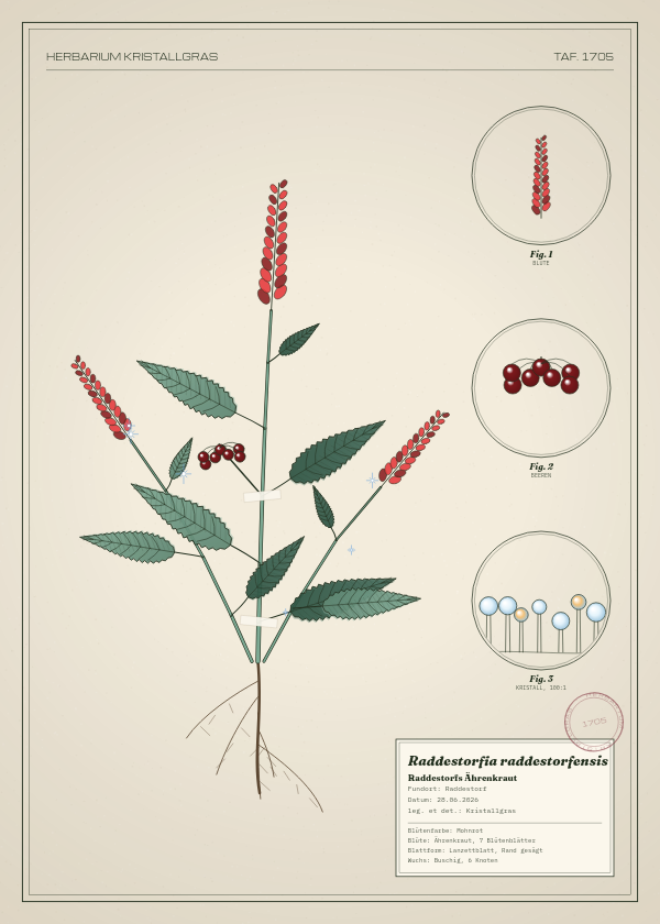 Botanische Tafel: Raddestorfia raddestorfensis, eine erfundene Pflanze aus Raddestorf, gezeichnet wie in einem alten Pflanzenatlas