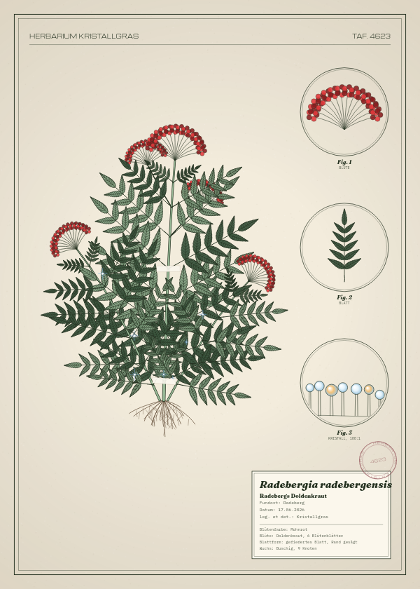 Botanische Tafel: Radebergia radebergensis, eine erfundene Pflanze aus Radeberg, gezeichnet wie in einem alten Pflanzenatlas