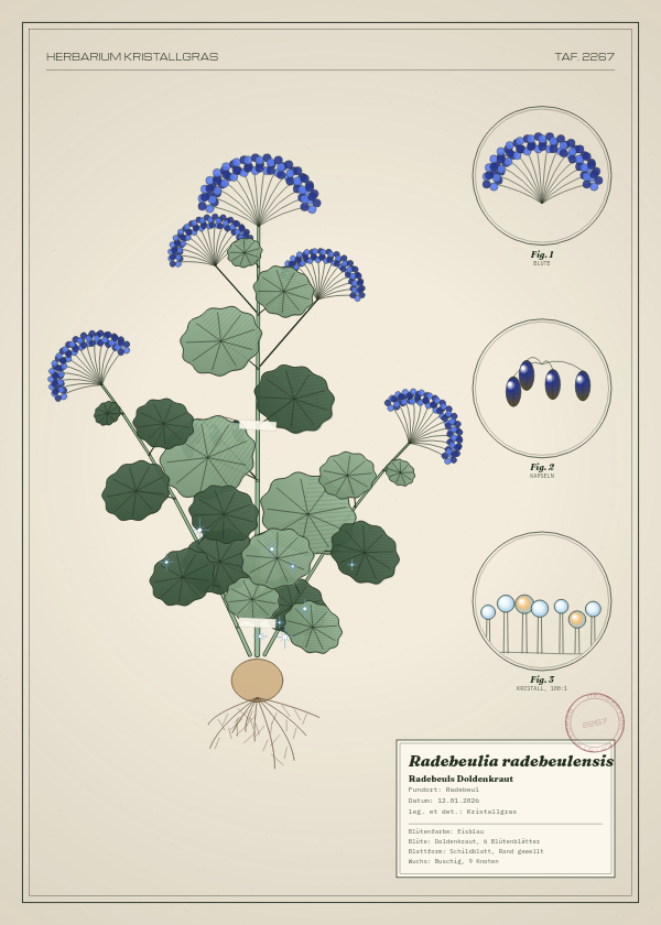 Botanische Tafel: Radebeulia radebeulensis, eine erfundene Pflanze aus Radebeul, gezeichnet wie in einem alten Pflanzenatlas