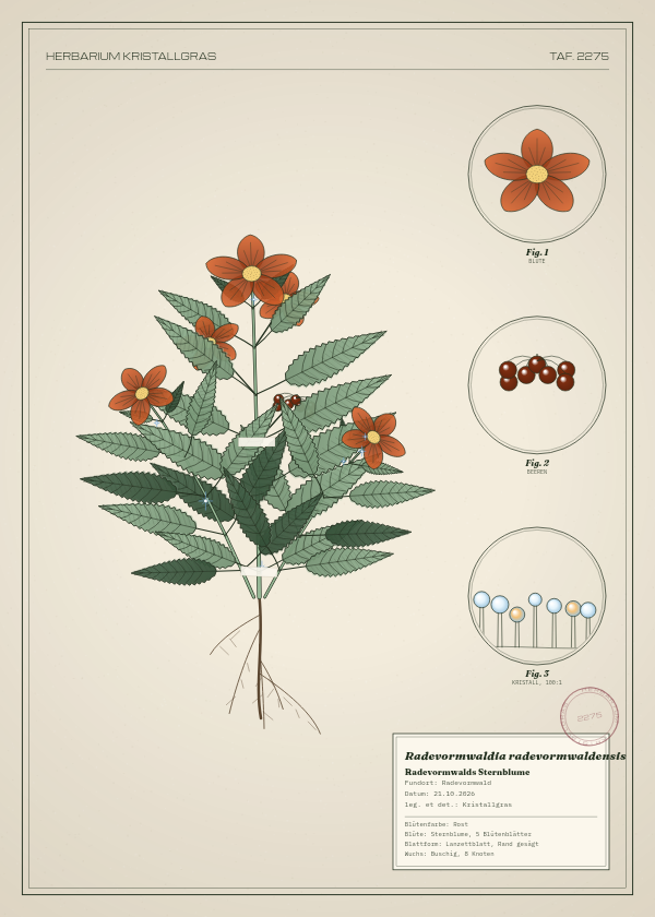 Botanische Tafel: Radevormwaldia radevormwaldensis, eine erfundene Pflanze aus Radevormwald, gezeichnet wie in einem alten Pflanzenatlas