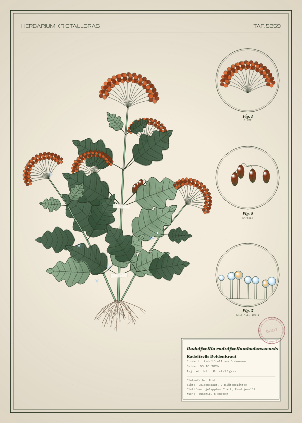 Botanische Tafel: Radolfzellia radolfzellambodenseensis, eine erfundene Pflanze aus Radolfzell am Bodensee, gezeichnet wie in einem alten Pflanzenatlas