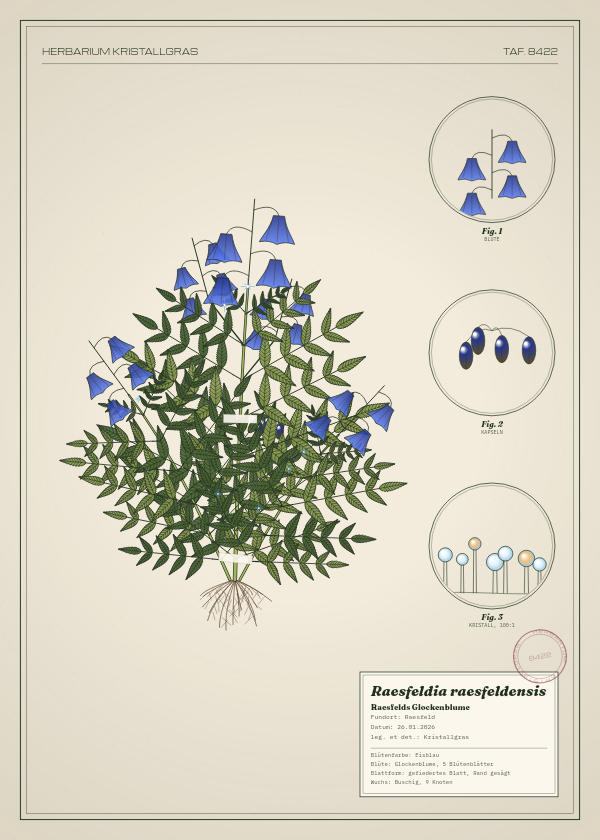 Botanische Tafel: Raesfeldia raesfeldensis, eine erfundene Pflanze aus Raesfeld, gezeichnet wie in einem alten Pflanzenatlas