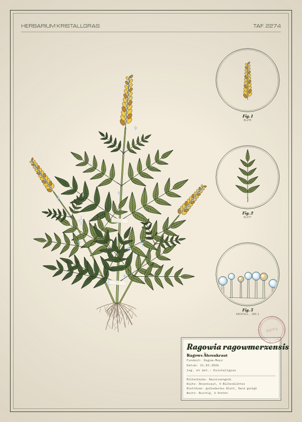 Botanische Tafel: Ragowia ragowmerzensis, eine erfundene Pflanze aus Ragow-Merz, gezeichnet wie in einem alten Pflanzenatlas
