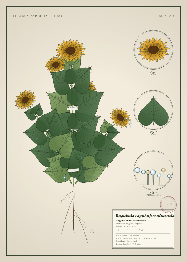 Botanische Tafel: Raguhnia raguhnjessnitzensis, eine erfundene Pflanze aus Raguhn-Jeßnitz, gezeichnet wie in einem alten Pflanzenatlas