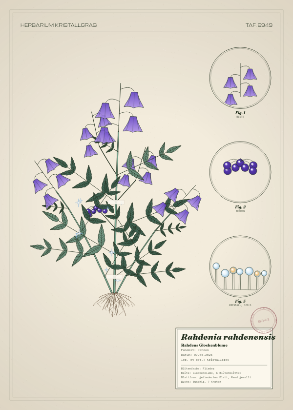 Botanische Tafel: Rahdenia rahdenensis, eine erfundene Pflanze aus Rahden, gezeichnet wie in einem alten Pflanzenatlas