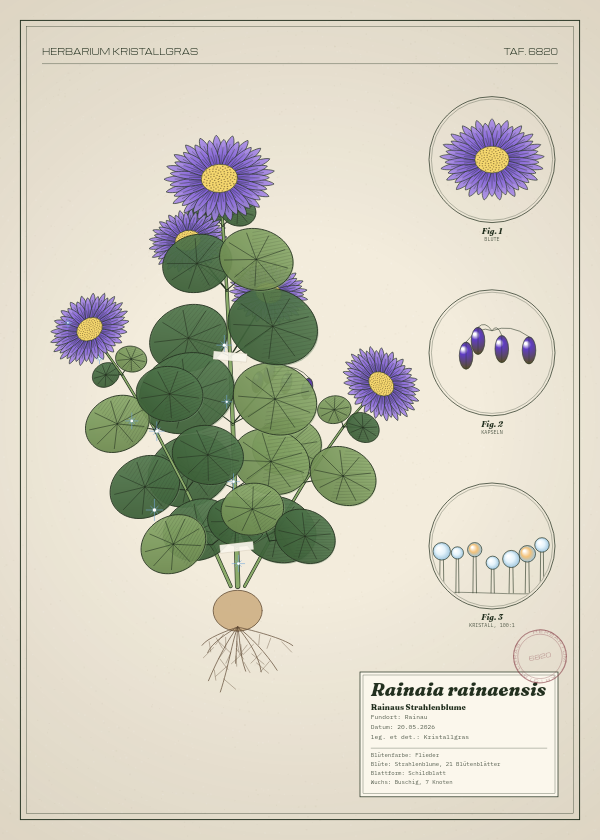 Botanische Tafel: Rainaia rainaensis, eine erfundene Pflanze aus Rainau, gezeichnet wie in einem alten Pflanzenatlas