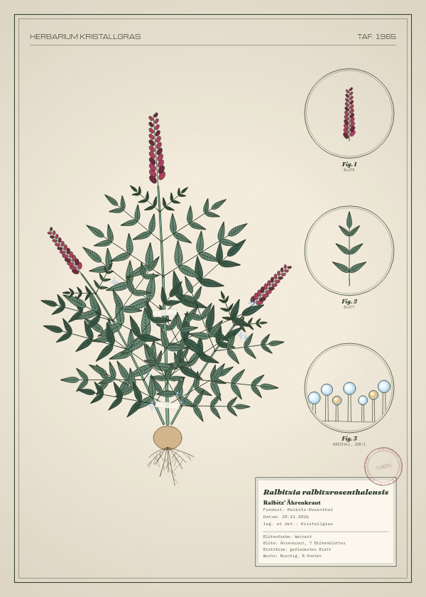 Botanische Tafel: Ralbitzia ralbitzrosenthalensis, eine erfundene Pflanze aus Ralbitz-Rosenthal, gezeichnet wie in einem alten Pflanzenatlas