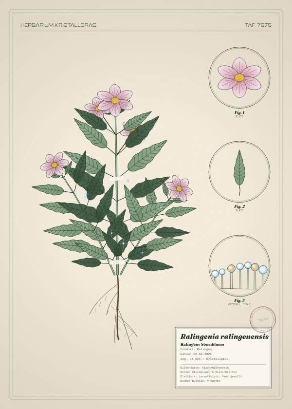 Botanische Tafel: Ralingenia ralingenensis, eine erfundene Pflanze aus Ralingen, gezeichnet wie in einem alten Pflanzenatlas