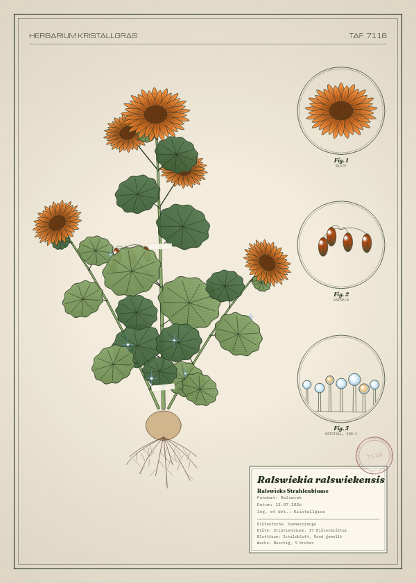 Botanische Tafel: Ralswiekia ralswiekensis, eine erfundene Pflanze aus Ralswiek, gezeichnet wie in einem alten Pflanzenatlas