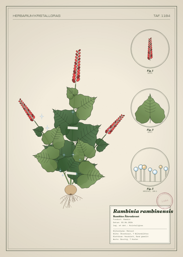 Botanische Tafel: Rambinia rambinensis, eine erfundene Pflanze aus Rambin, gezeichnet wie in einem alten Pflanzenatlas
