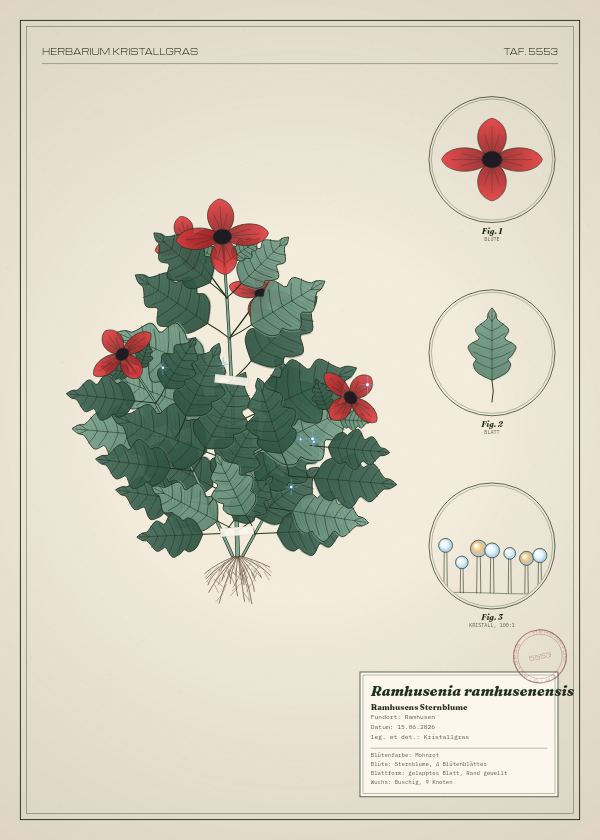 Botanische Tafel: Ramhusenia ramhusenensis, eine erfundene Pflanze aus Ramhusen, gezeichnet wie in einem alten Pflanzenatlas