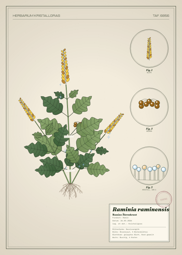 Botanische Tafel: Raminia raminensis, eine erfundene Pflanze aus Ramin, gezeichnet wie in einem alten Pflanzenatlas