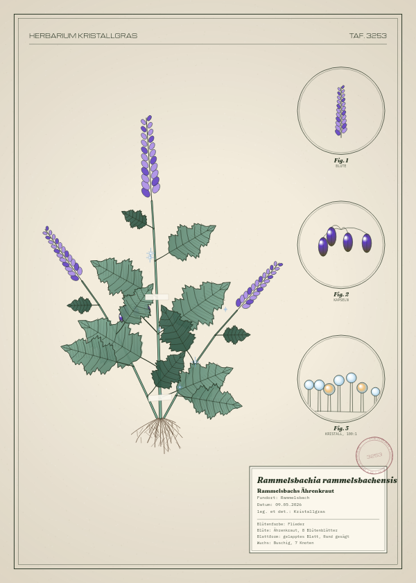 Botanische Tafel: Rammelsbachia rammelsbachensis, eine erfundene Pflanze aus Rammelsbach, gezeichnet wie in einem alten Pflanzenatlas