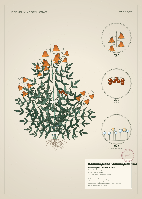 Botanische Tafel: Rammingenia rammingenensis, eine erfundene Pflanze aus Rammingen, gezeichnet wie in einem alten Pflanzenatlas