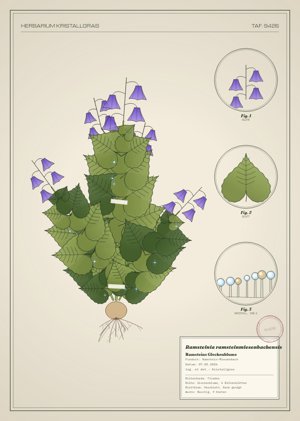 Botanische Tafel: Ramsteinia ramsteinmiesenbachensis, eine erfundene Pflanze aus Ramstein-Miesenbach, gezeichnet wie in einem alten Pflanzenatlas