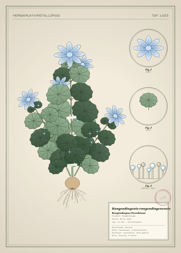 Botanische Tafel: Rangendingenia rangendingenensis, eine erfundene Pflanze aus Rangendingen, gezeichnet wie in einem alten Pflanzenatlas