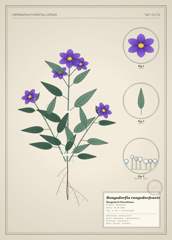 Botanische Tafel: Rangsdorfia rangsdorfensis, eine erfundene Pflanze aus Rangsdorf, gezeichnet wie in einem alten Pflanzenatlas