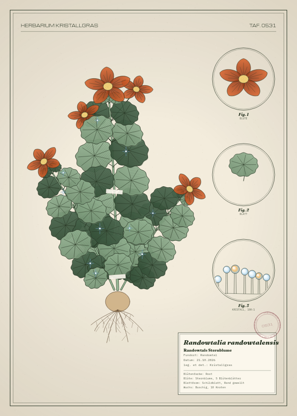 Botanische Tafel: Randowtalia randowtalensis, eine erfundene Pflanze aus Randowtal, gezeichnet wie in einem alten Pflanzenatlas