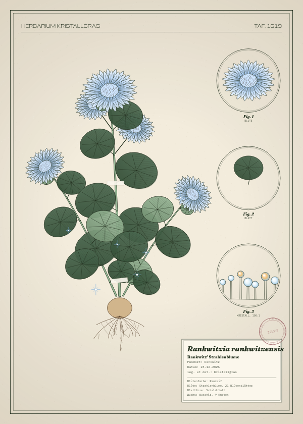 Botanische Tafel: Rankwitzia rankwitzensis, eine erfundene Pflanze aus Rankwitz, gezeichnet wie in einem alten Pflanzenatlas
