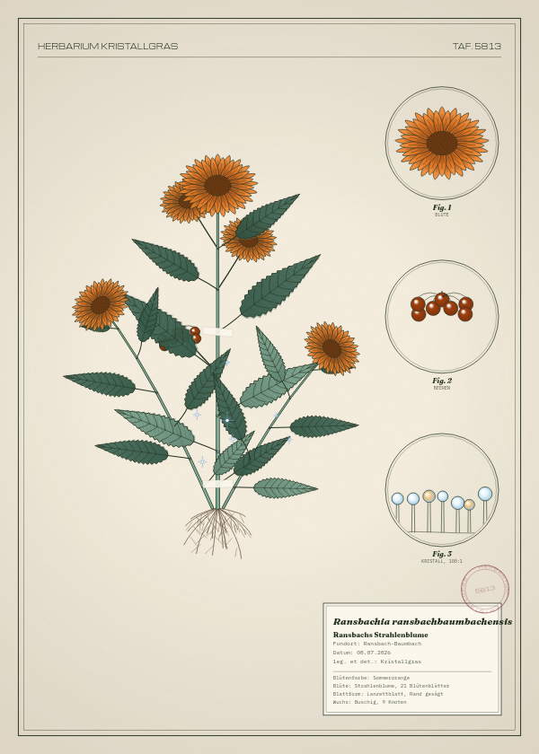 Botanische Tafel: Ransbachia ransbachbaumbachensis, eine erfundene Pflanze aus Ransbach-Baumbach, gezeichnet wie in einem alten Pflanzenatlas