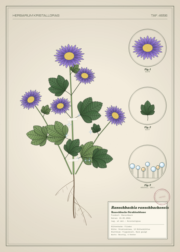 Botanische Tafel: Ranschbachia ranschbachensis, eine erfundene Pflanze aus Ranschbach, gezeichnet wie in einem alten Pflanzenatlas