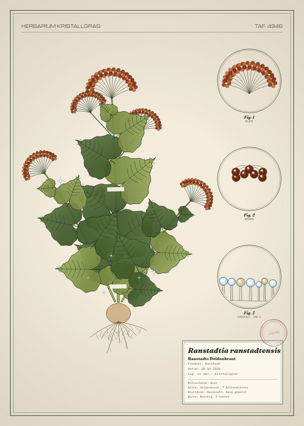 Botanische Tafel: Ranstadtia ranstadtensis, eine erfundene Pflanze aus Ranstadt, gezeichnet wie in einem alten Pflanzenatlas