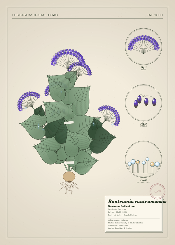 Botanische Tafel: Rantrumia rantrumensis, eine erfundene Pflanze aus Rantrum, gezeichnet wie in einem alten Pflanzenatlas