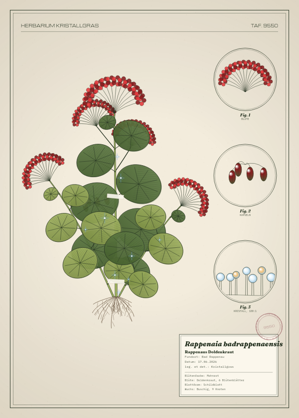 Botanische Tafel: Rappenaia badrappenaensis, eine erfundene Pflanze aus Bad Rappenau, gezeichnet wie in einem alten Pflanzenatlas