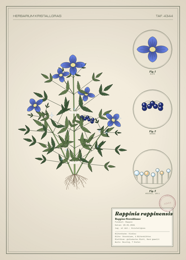 Botanische Tafel: Rappinia rappinensis, eine erfundene Pflanze aus Rappin, gezeichnet wie in einem alten Pflanzenatlas