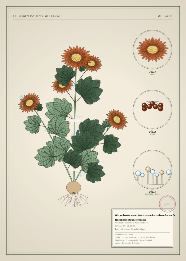 Botanische Tafel: Raschaia raschaumarkersbachensis, eine erfundene Pflanze aus Raschau-Markersbach, gezeichnet wie in einem alten Pflanzenatlas