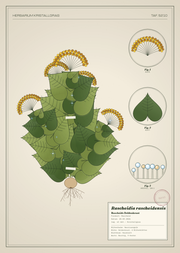 Botanische Tafel: Rascheidia rascheidensis, eine erfundene Pflanze aus Rascheid, gezeichnet wie in einem alten Pflanzenatlas