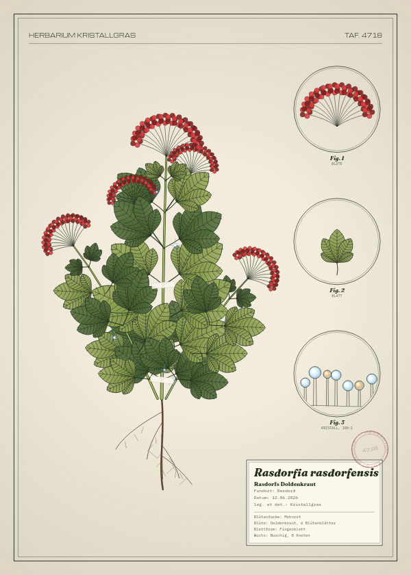 Botanische Tafel: Rasdorfia rasdorfensis, eine erfundene Pflanze aus Rasdorf, gezeichnet wie in einem alten Pflanzenatlas