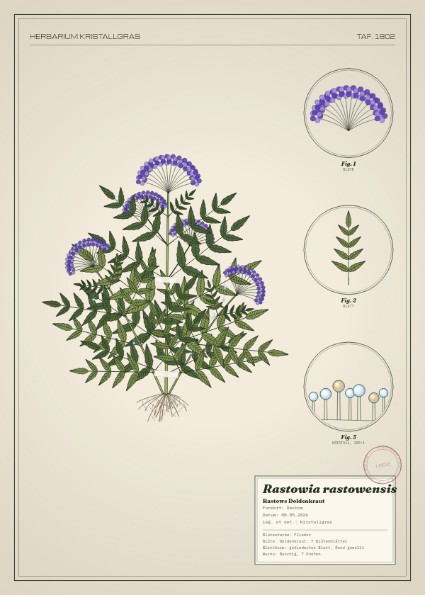 Botanische Tafel: Rastowia rastowensis, eine erfundene Pflanze aus Rastow, gezeichnet wie in einem alten Pflanzenatlas