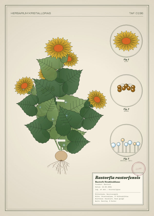 Botanische Tafel: Rastorfia rastorfensis, eine erfundene Pflanze aus Rastorf, gezeichnet wie in einem alten Pflanzenatlas