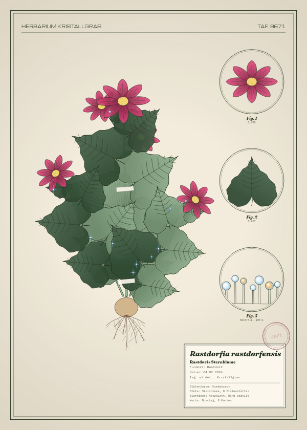 Botanische Tafel: Rastdorfia rastdorfensis, eine erfundene Pflanze aus Rastdorf, gezeichnet wie in einem alten Pflanzenatlas
