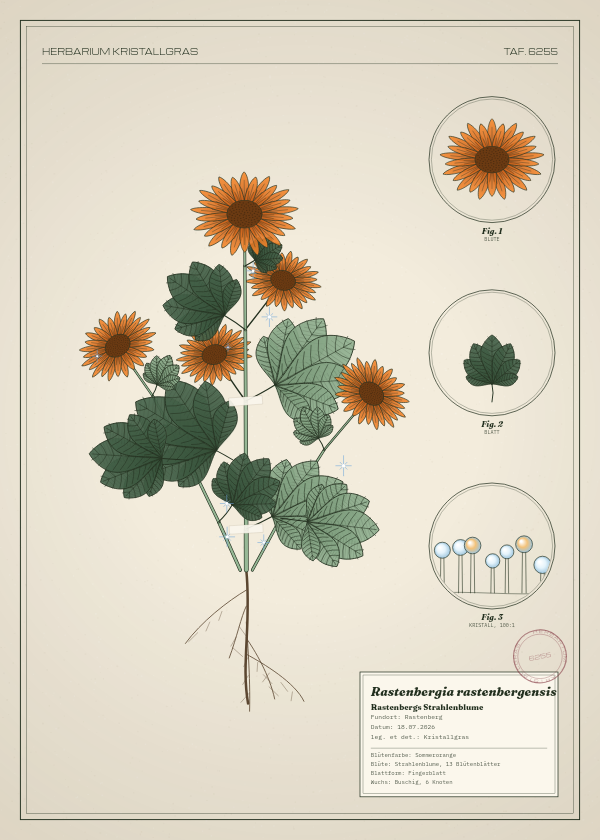 Botanische Tafel: Rastenbergia rastenbergensis, eine erfundene Pflanze aus Rastenberg, gezeichnet wie in einem alten Pflanzenatlas