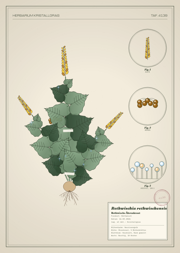 Botanische Tafel: Rethwischia rethwischensis, eine erfundene Pflanze aus Rethwisch, gezeichnet wie in einem alten Pflanzenatlas