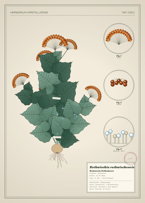Botanische Tafel: Rethwischia rethwischensis, eine erfundene Pflanze aus Rethwisch, gezeichnet wie in einem alten Pflanzenatlas