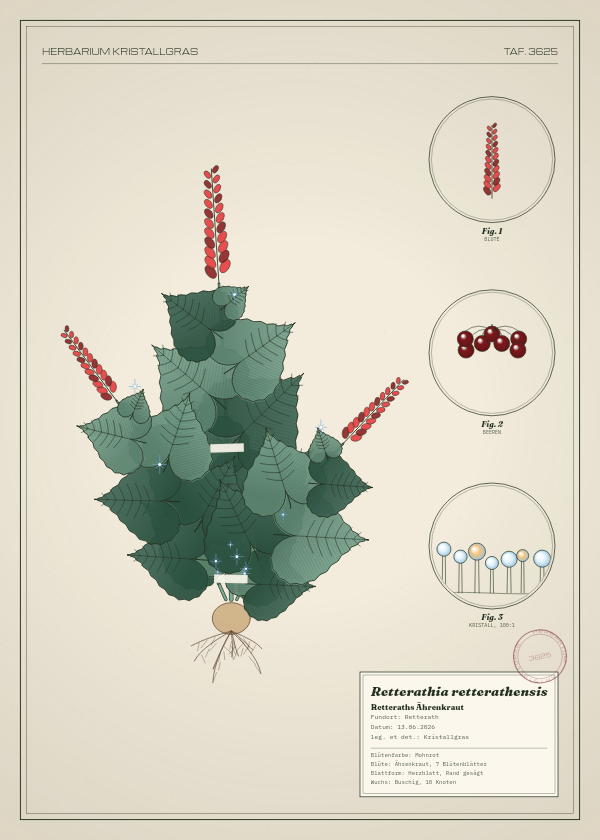Botanische Tafel: Retterathia retterathensis, eine erfundene Pflanze aus Retterath, gezeichnet wie in einem alten Pflanzenatlas