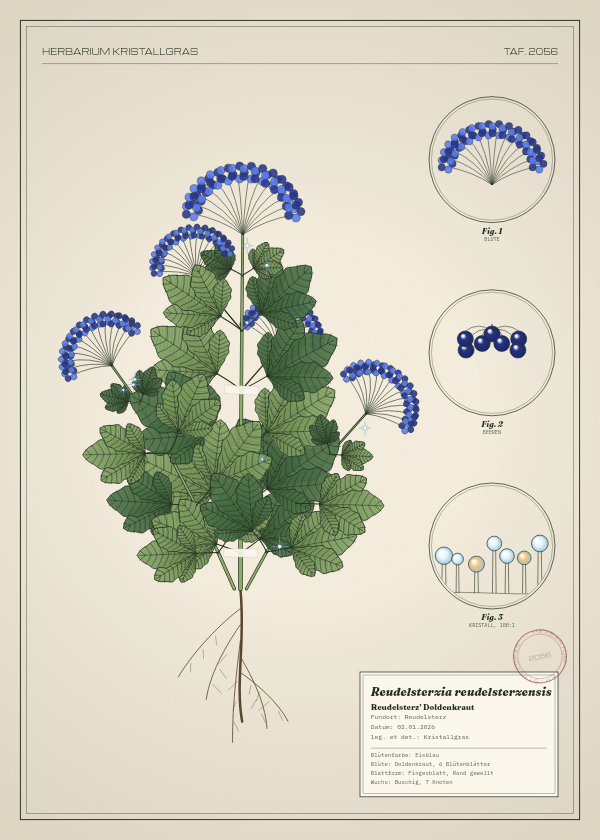 Botanische Tafel: Reudelsterzia reudelsterzensis, eine erfundene Pflanze aus Reudelsterz, gezeichnet wie in einem alten Pflanzenatlas