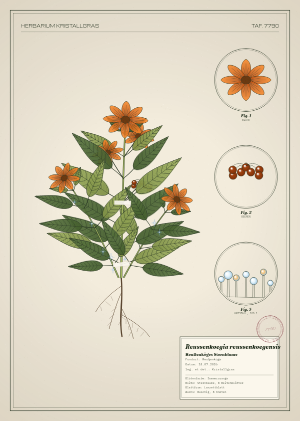 Botanische Tafel: Reussenkoegia reussenkoegensis, eine erfundene Pflanze aus Reußenköge, gezeichnet wie in einem alten Pflanzenatlas