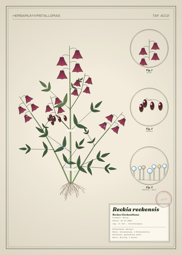 Botanische Tafel: Reckia reckensis, eine erfundene Pflanze aus Recke, gezeichnet wie in einem alten Pflanzenatlas