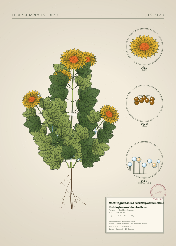 Botanische Tafel: Recklinghausenia recklinghausenensis, eine erfundene Pflanze aus Recklinghausen, gezeichnet wie in einem alten Pflanzenatlas
