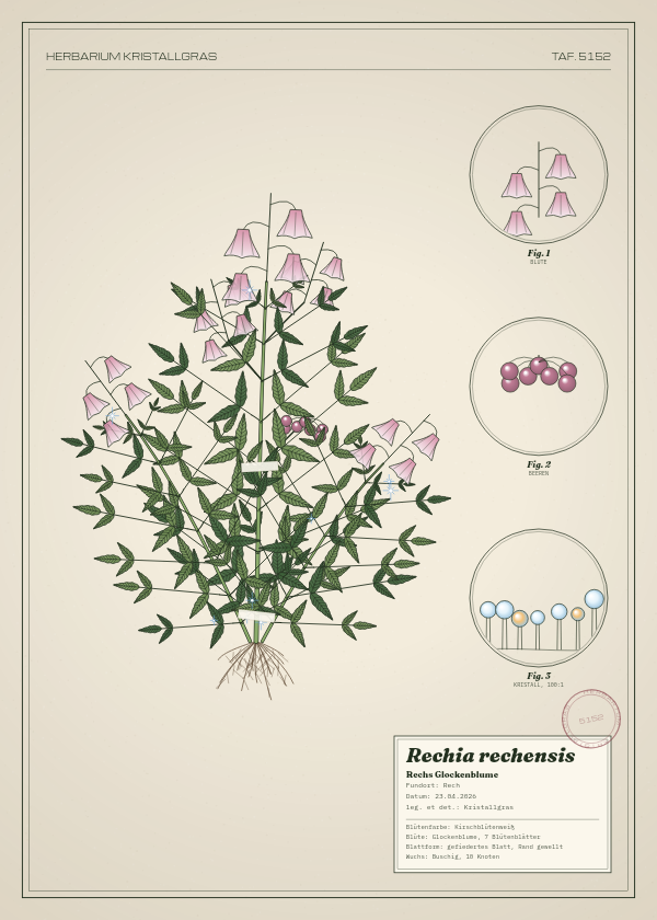 Botanische Tafel: Rechia rechensis, eine erfundene Pflanze aus Rech, gezeichnet wie in einem alten Pflanzenatlas