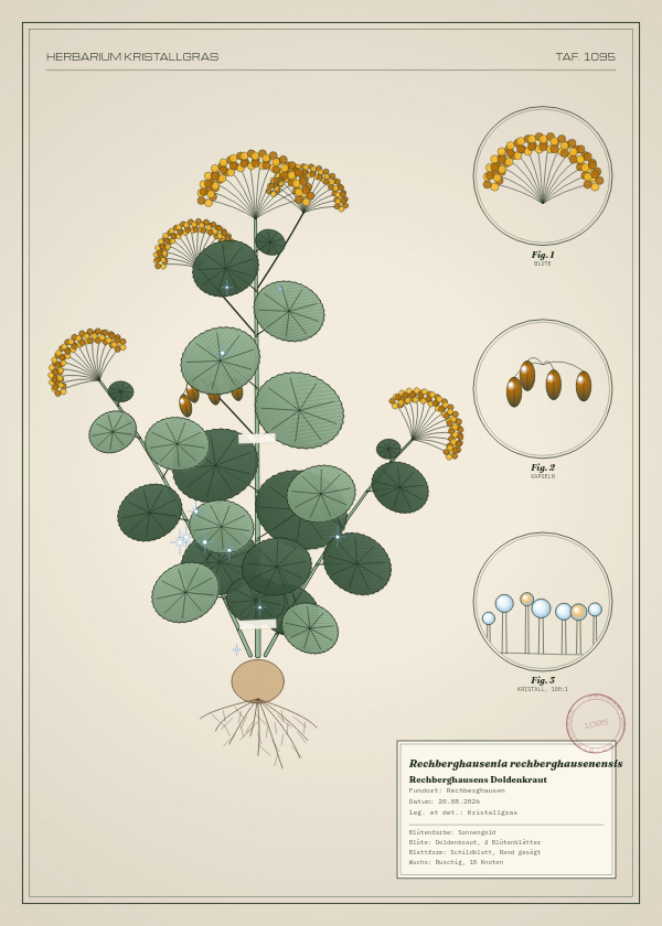 Botanische Tafel: Rechberghausenia rechberghausenensis, eine erfundene Pflanze aus Rechberghausen, gezeichnet wie in einem alten Pflanzenatlas