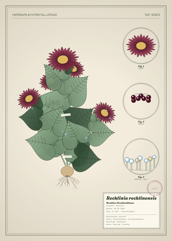 Botanische Tafel: Rechlinia rechlinensis, eine erfundene Pflanze aus Rechlin, gezeichnet wie in einem alten Pflanzenatlas