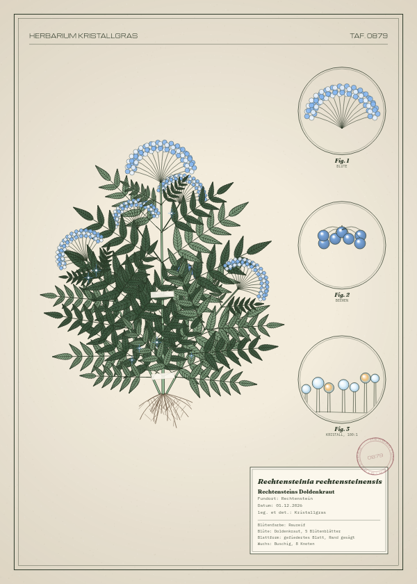 Botanische Tafel: Rechtensteinia rechtensteinensis, eine erfundene Pflanze aus Rechtenstein, gezeichnet wie in einem alten Pflanzenatlas